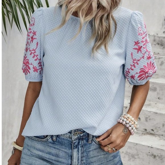 Boho Floral Embroidery Puff Sleeve Blouse - Picture 6 of 6